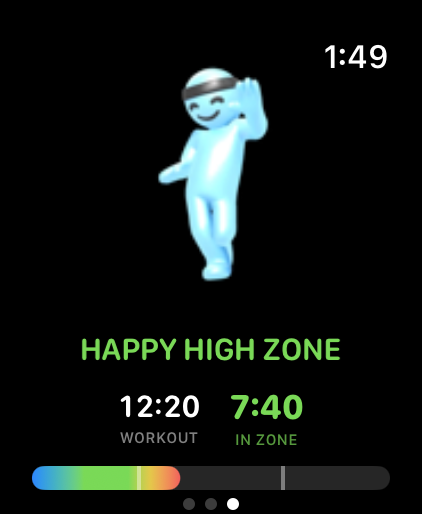 Happy High app showing Happy High Zone with dancing character, 12:20 workout time and 7:40 in zone